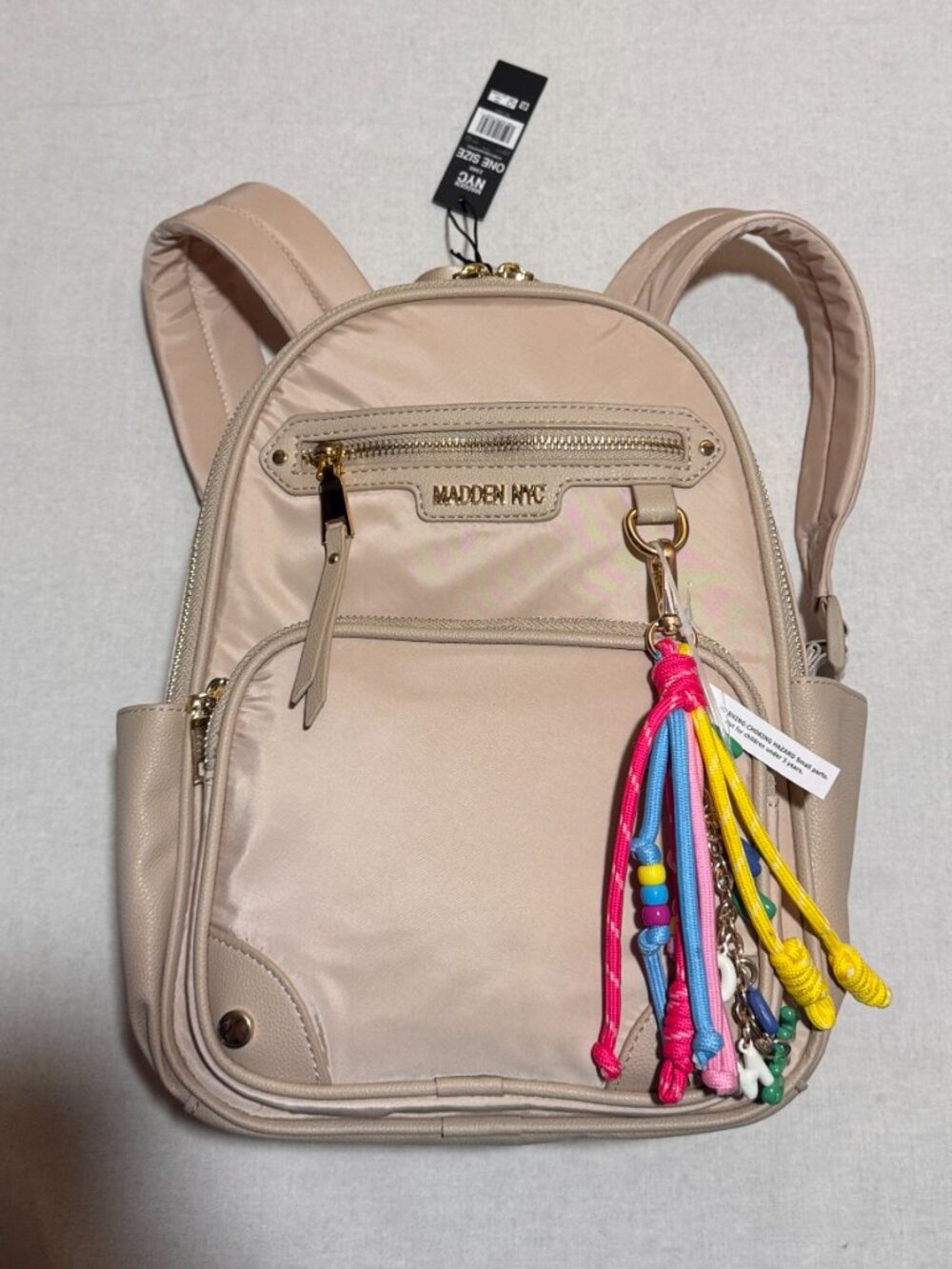 NWT Madden NYC Beige Nylon Mini Backpack Bookbag Travel Bag Charm New
